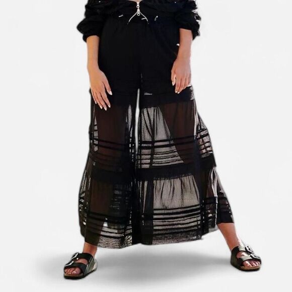 Free People Pants - Free People Pippa Black Mesh Tiered Wide Leg Pants Small Whimsigoth Fairy Goth